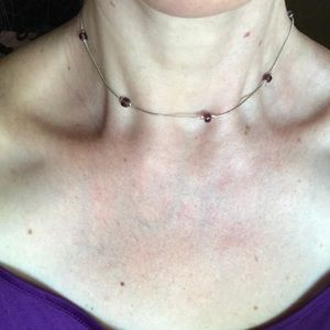 Silver Necklace with purple bead accents, 16”